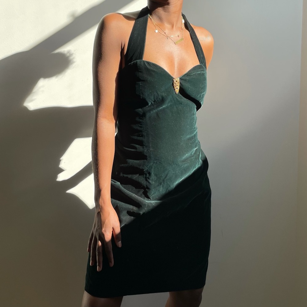 Vintage Suede Forest Green Halter Dress